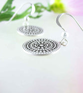 Mandala-Inspired Geometric Circle Drop Earrings Sterling Silver